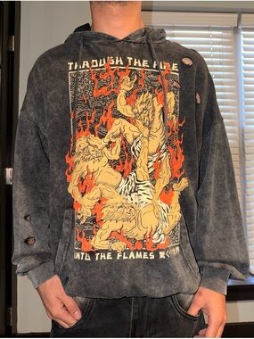 Bershka Black/Grey Distressed Graphic Hoodie with Orange & Cream Print